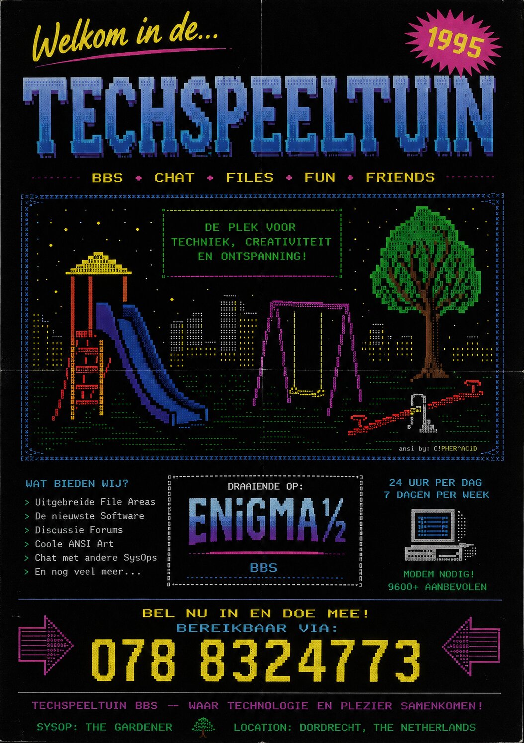 Klik om te vergroten ANSI-art advertentie voor de TechSpeeltuin BBS, draaiend op ENiGMA½, bereikbaar via 078 8324773